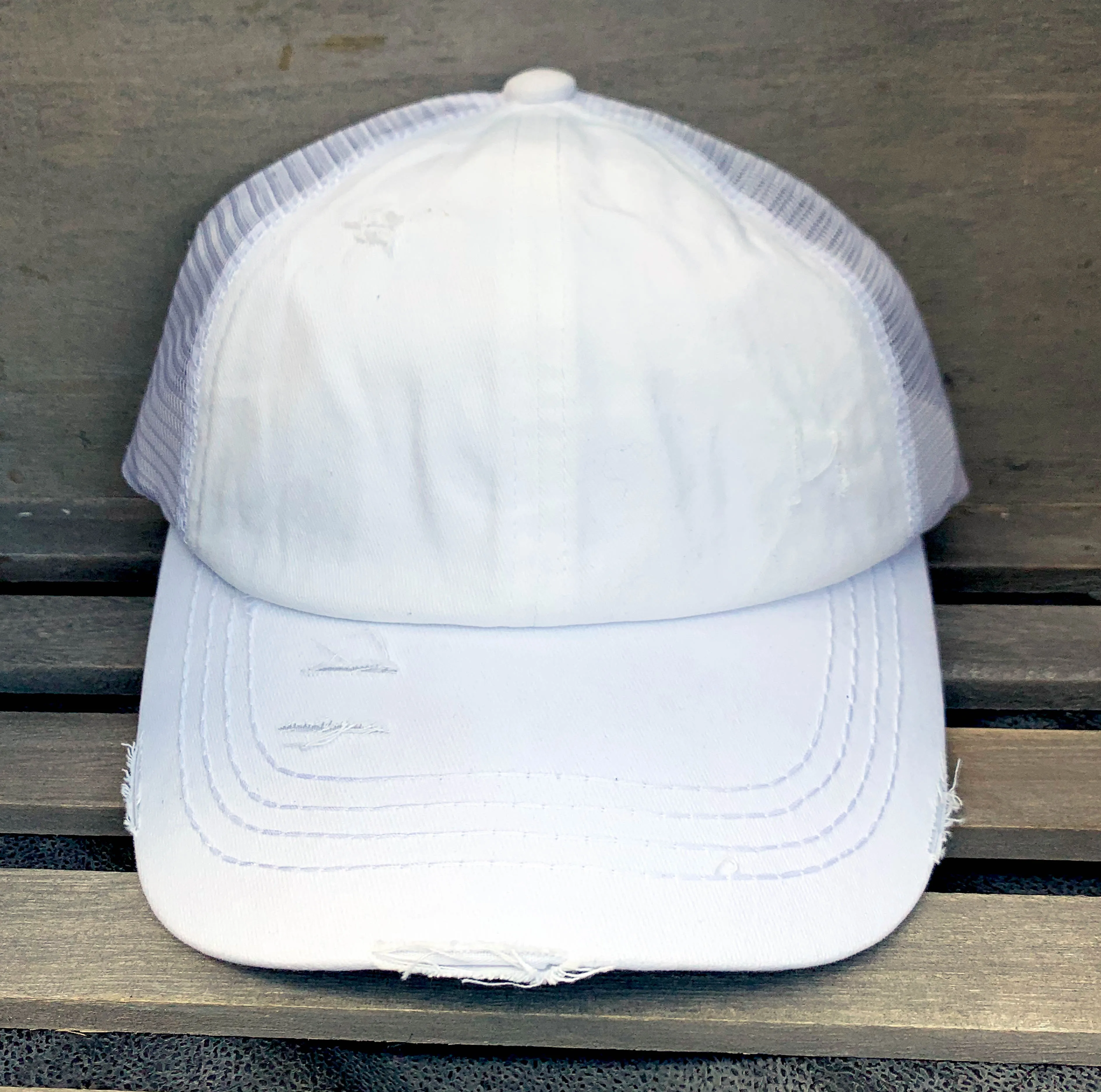 Authentic White CC Beanie CrissCross High Ponytail Trucker Hat Distressed Wash Denim