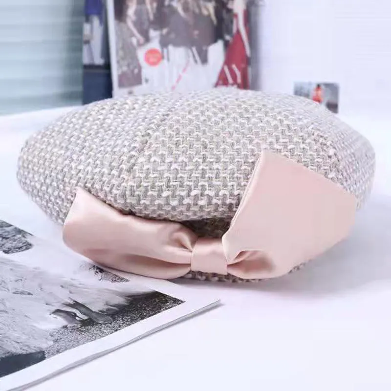 Autumn and winter bow tie beret female little fragrance lady painter hat retro