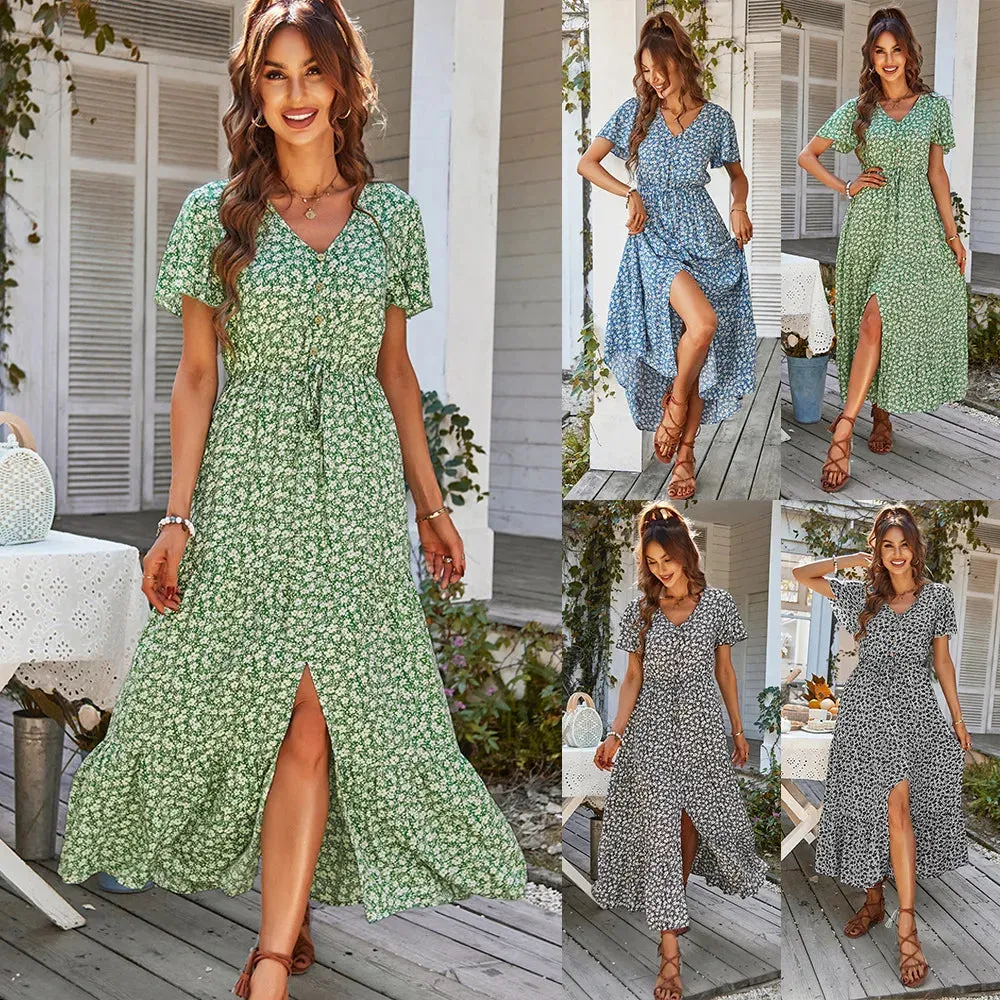 Chic Vintage Floral Summer Dress: Elegant High Waist Slit Maxi for Women