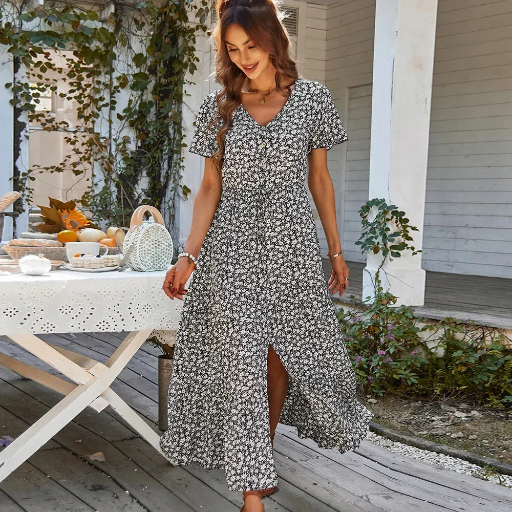 Chic Vintage Floral Summer Dress: Elegant High Waist Slit Maxi for Women
