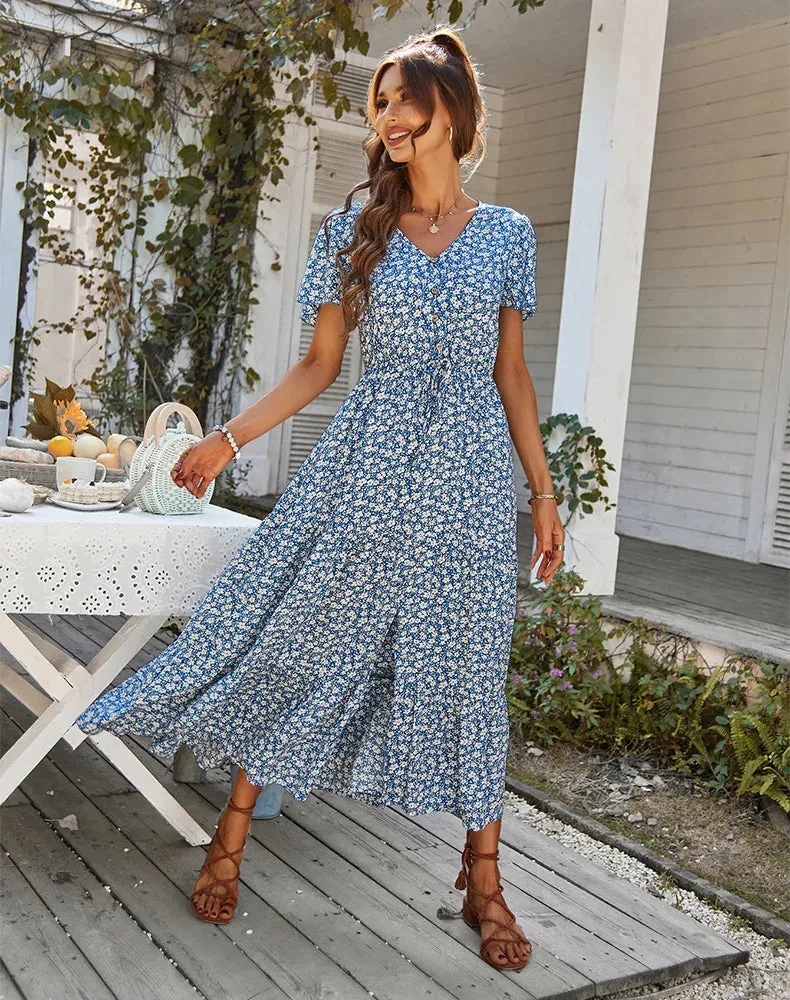 Chic Vintage Floral Summer Dress: Elegant High Waist Slit Maxi for Women