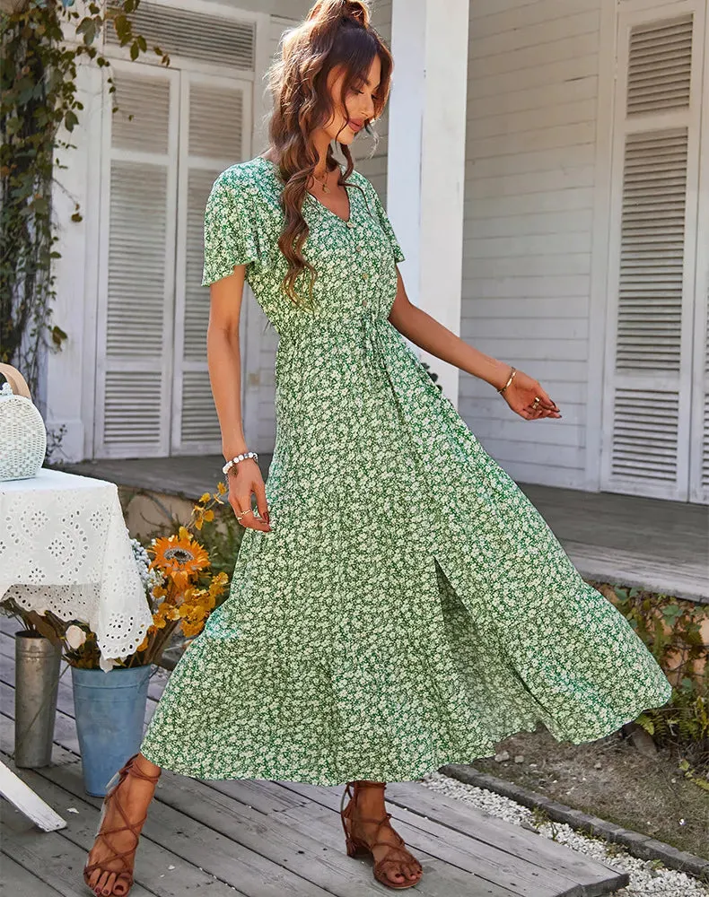Chic Vintage Floral Summer Dress: Elegant High Waist Slit Maxi for Women