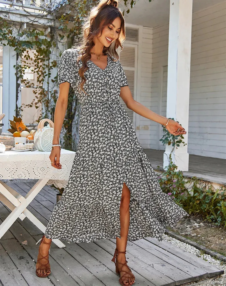 Chic Vintage Floral Summer Dress: Elegant High Waist Slit Maxi for Women
