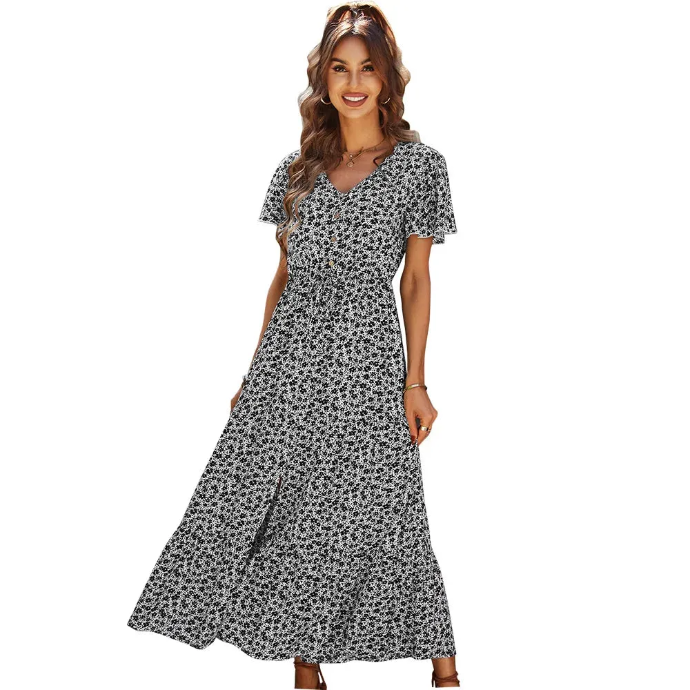 Chic Vintage Floral Summer Dress: Elegant High Waist Slit Maxi for Women