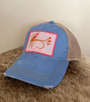 Distressed Columbia Blue Hat - Pink Wildflower Adam’s Fly Patch