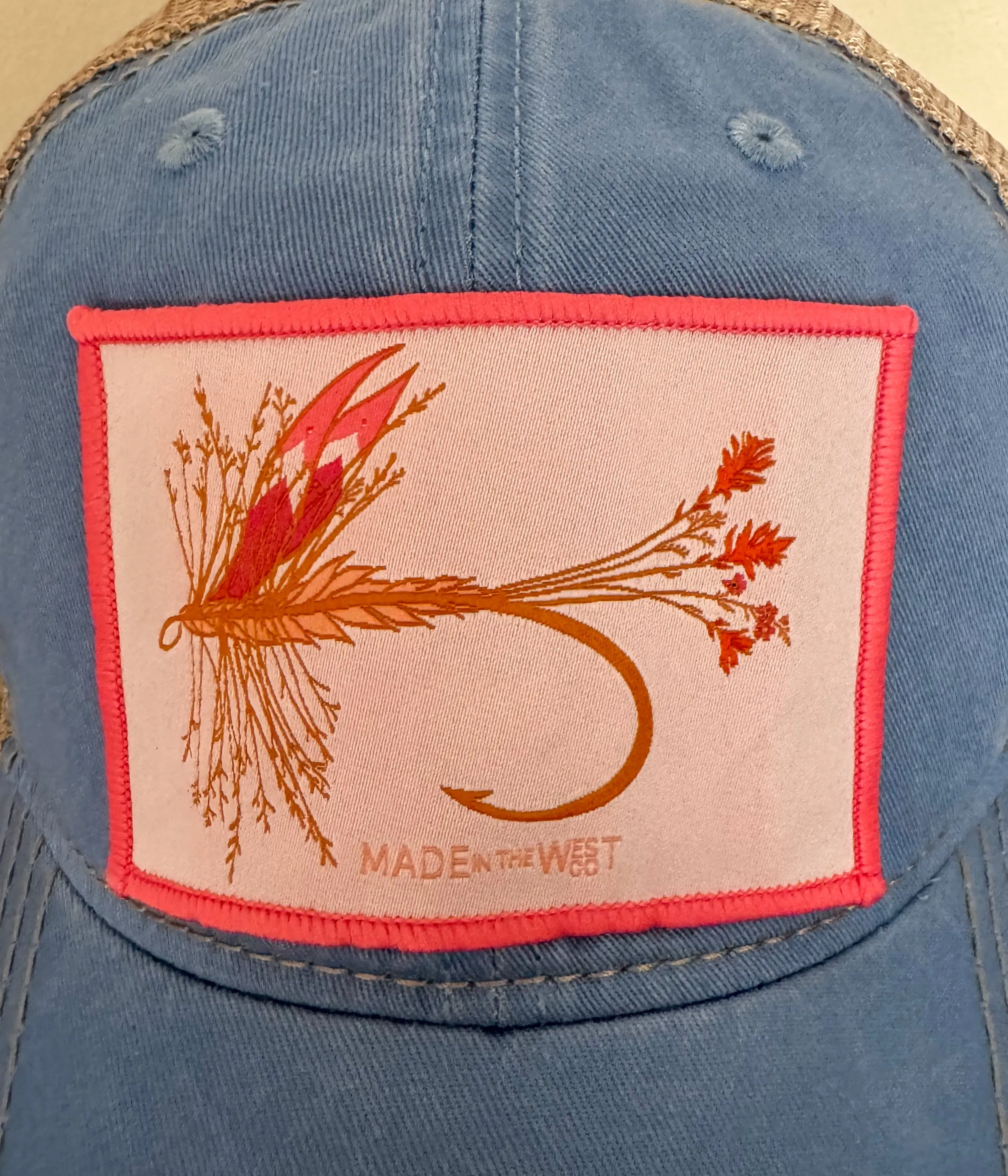 Distressed Columbia Blue Hat - Pink Wildflower Adam’s Fly Patch