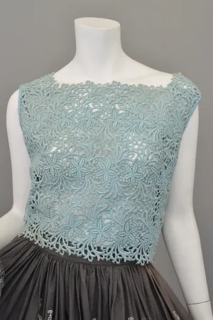 Dusty Light Blue Embroidered Lace Crop Top