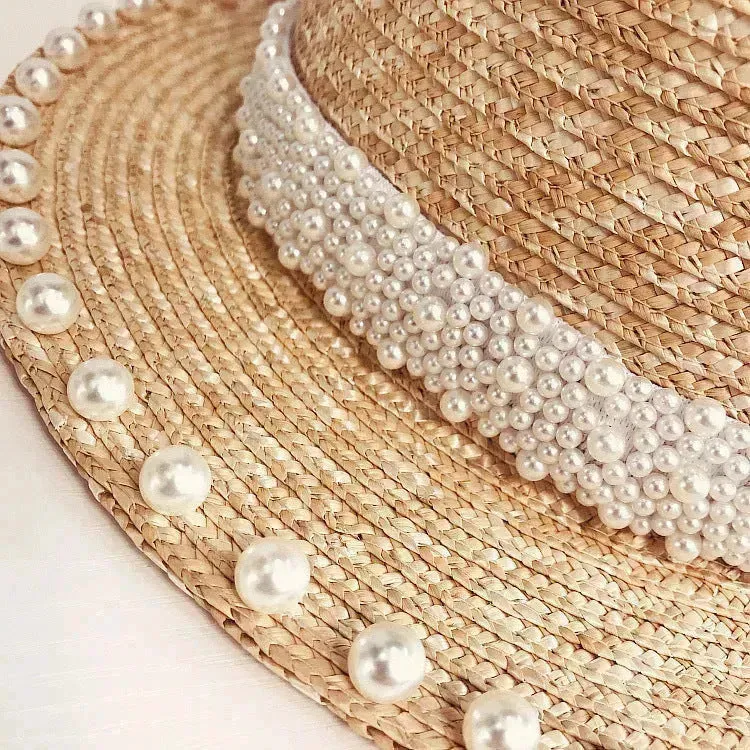 Elegant Retro Pearl Wheat Straw Flat Top Straw Hat Women's Summer Sun Protection Beach Hat Hepburn Style