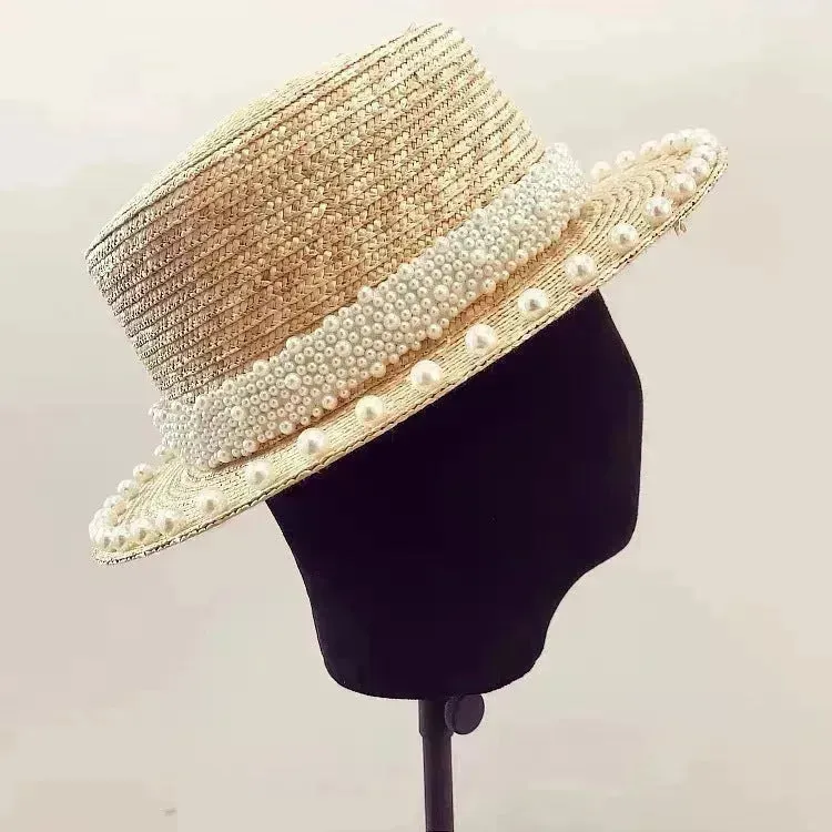 Elegant Retro Pearl Wheat Straw Flat Top Straw Hat Women's Summer Sun Protection Beach Hat Hepburn Style