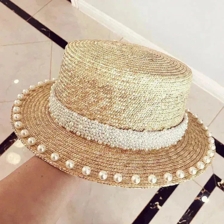 Elegant Retro Pearl Wheat Straw Flat Top Straw Hat Women's Summer Sun Protection Beach Hat Hepburn Style