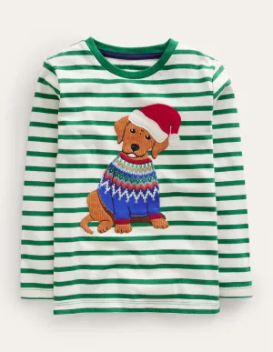 Festive Applique T-shirt-Deep Green/Ivory Dog