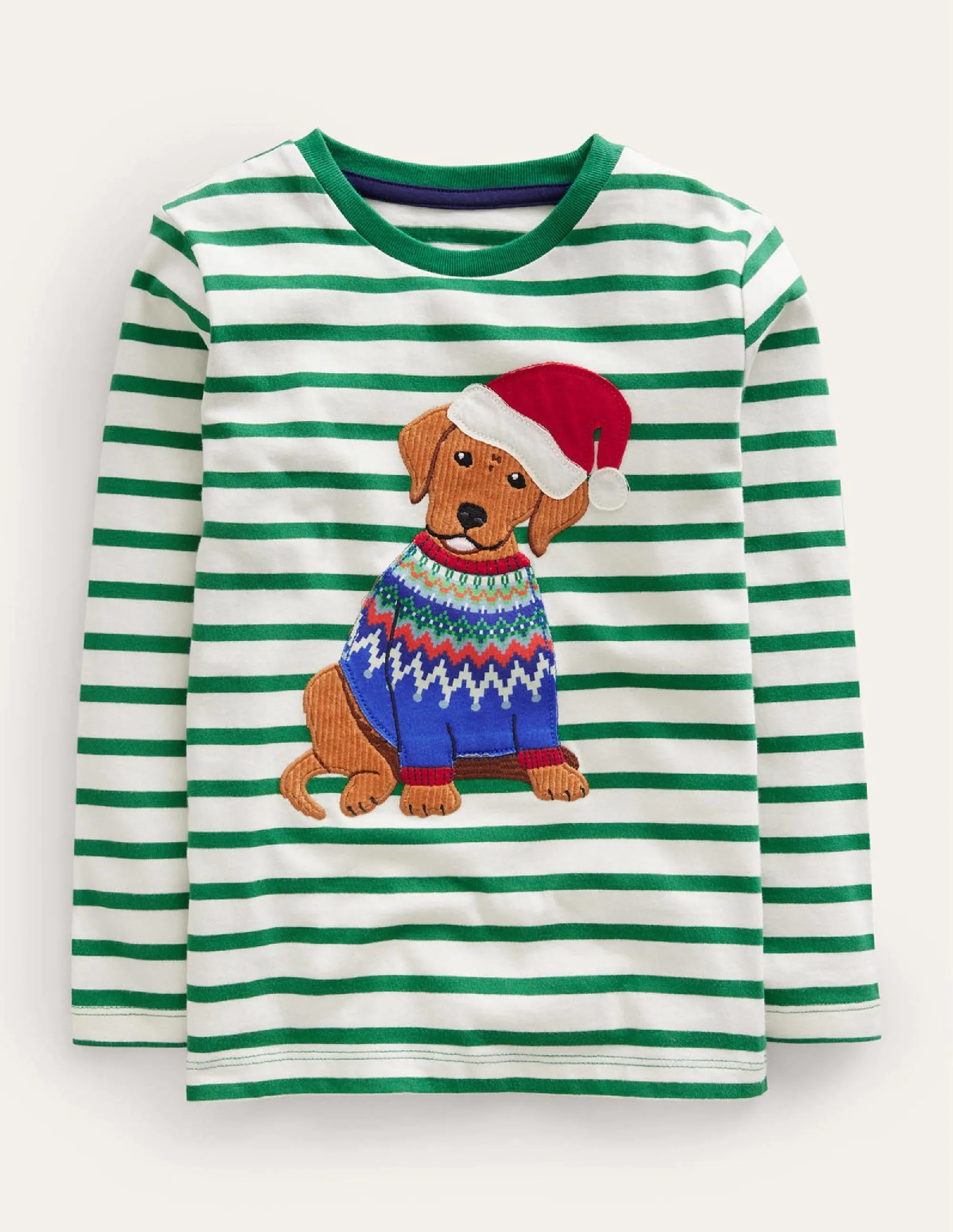 Festive Applique T-shirt-Deep Green/Ivory Dog