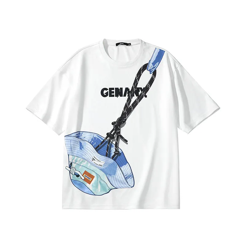 Fun braided art pot hat printed patch space cotton drop sleeve T-shirt