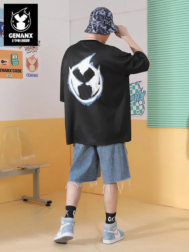 Fun braided art pot hat printed patch space cotton drop sleeve T-shirt