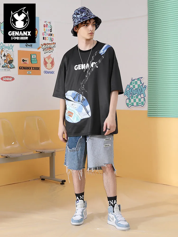 Fun braided art pot hat printed patch space cotton drop sleeve T-shirt