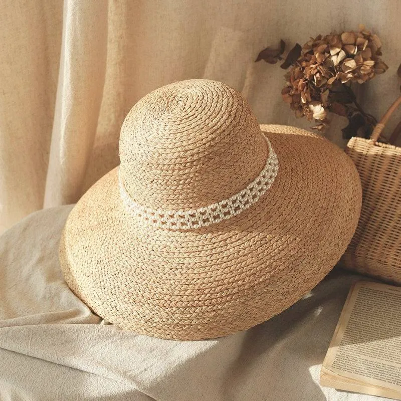 Hepburn Style Retro French Pearl Raffia Sun Hat