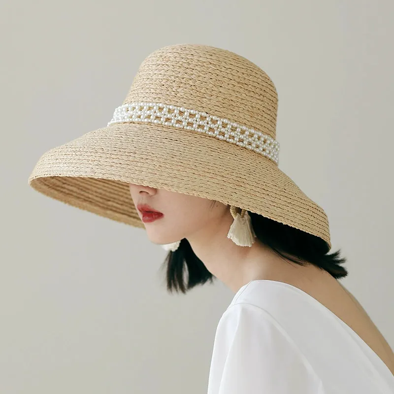 Hepburn Style Retro French Pearl Raffia Sun Hat