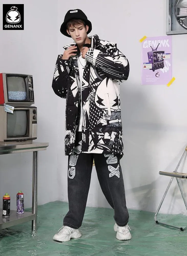Hip Hop Comic Padded Coat With Removable Cap