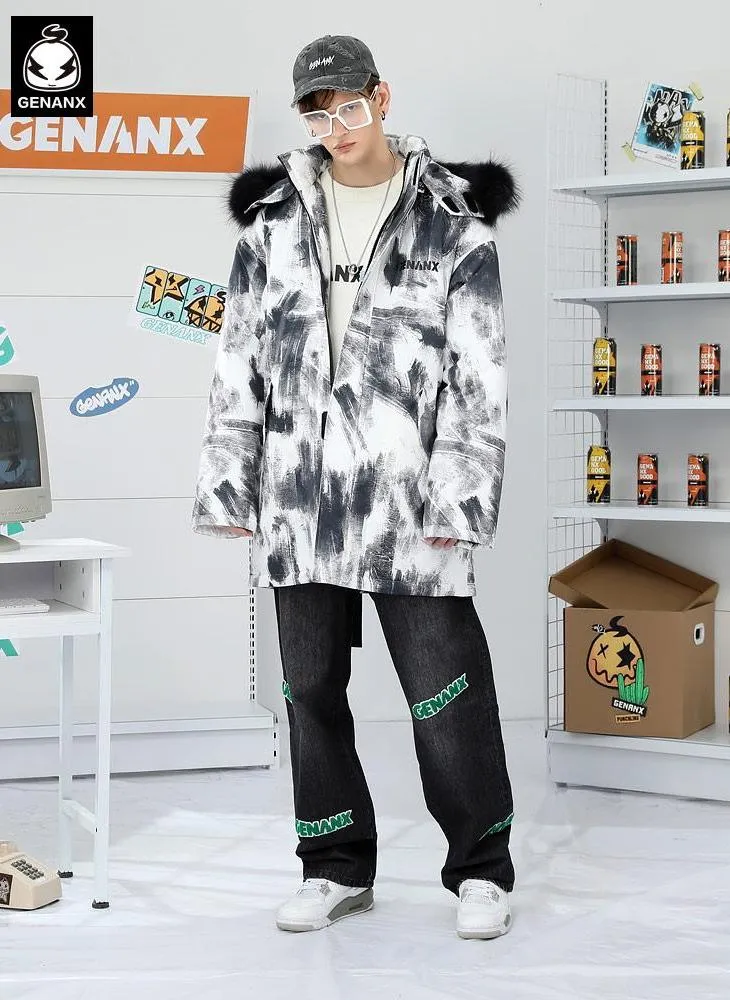 Hip Hop Graffiti Print Fleece Hooded Padded Coat