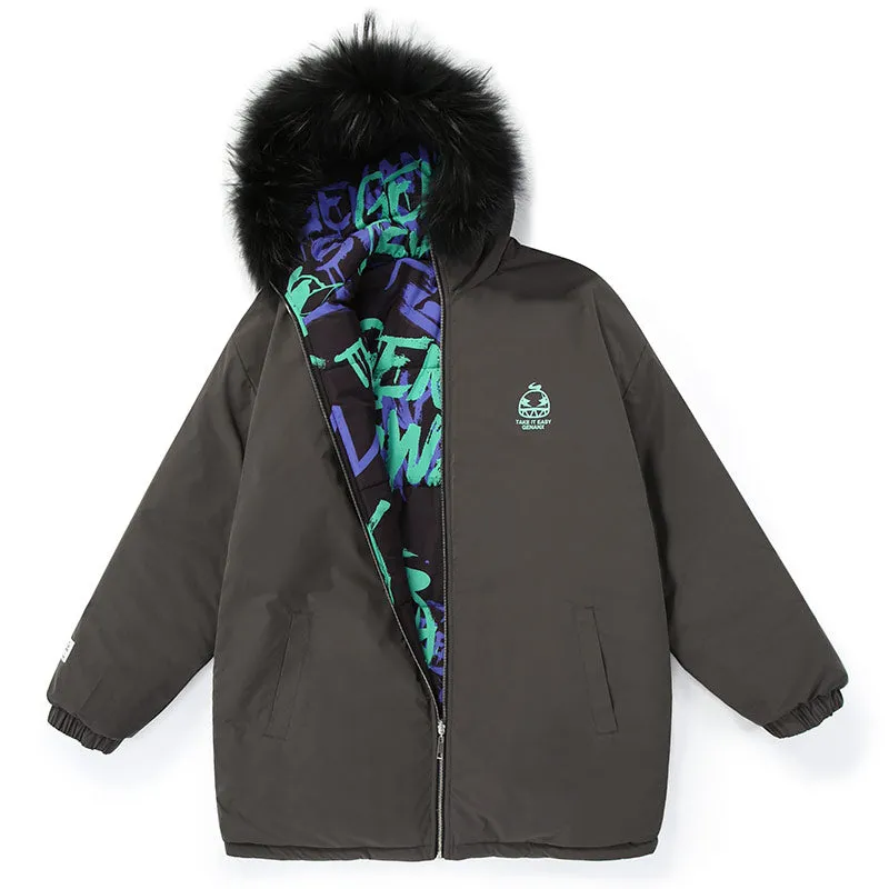 Hip Hop Spray Painting Reversible Padded Coat