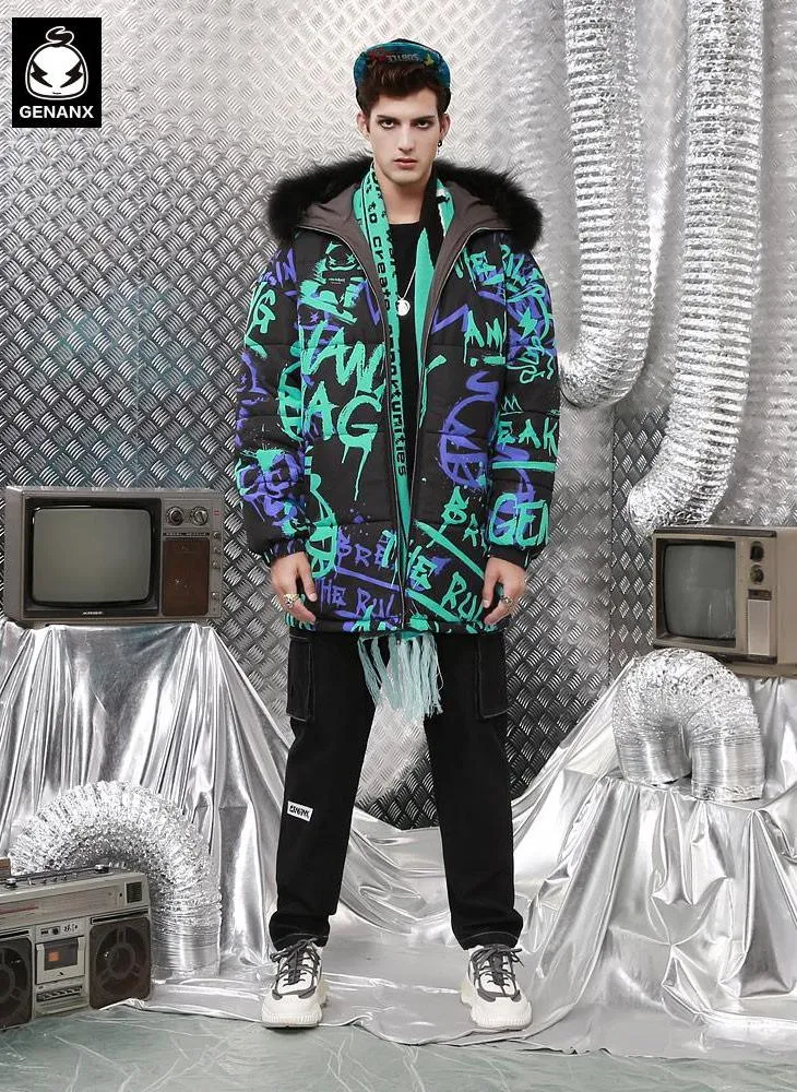 Hip Hop Spray Painting Reversible Padded Coat