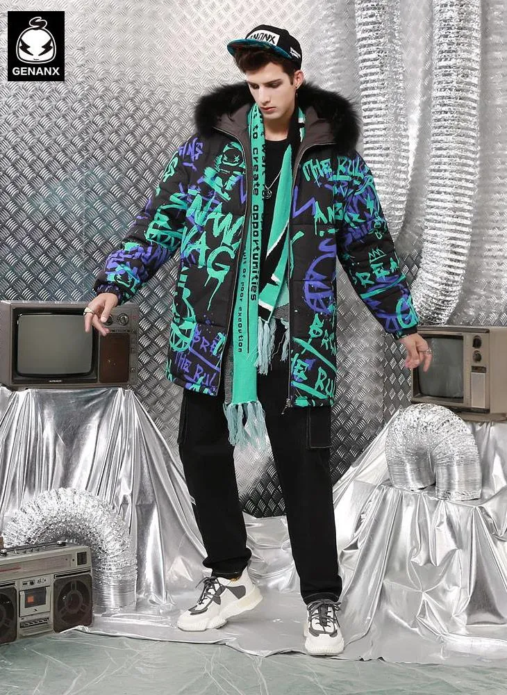 Hip Hop Spray Painting Reversible Padded Coat