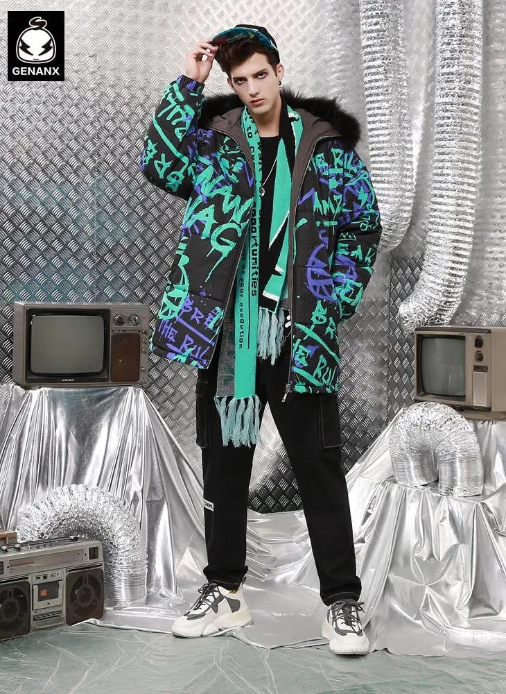 Hip Hop Spray Painting Reversible Padded Coat