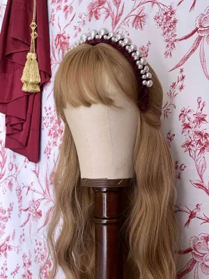 Historically Inspired French Hood Style Velvet Pearl Headband in Burgundy