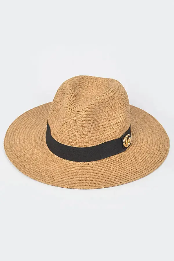 Khaki Straw CG Gold Metal Fedora Hat