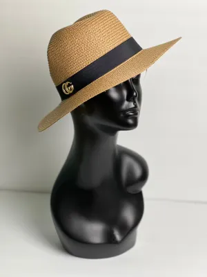 Khaki Straw CG Gold Metal Fedora Hat