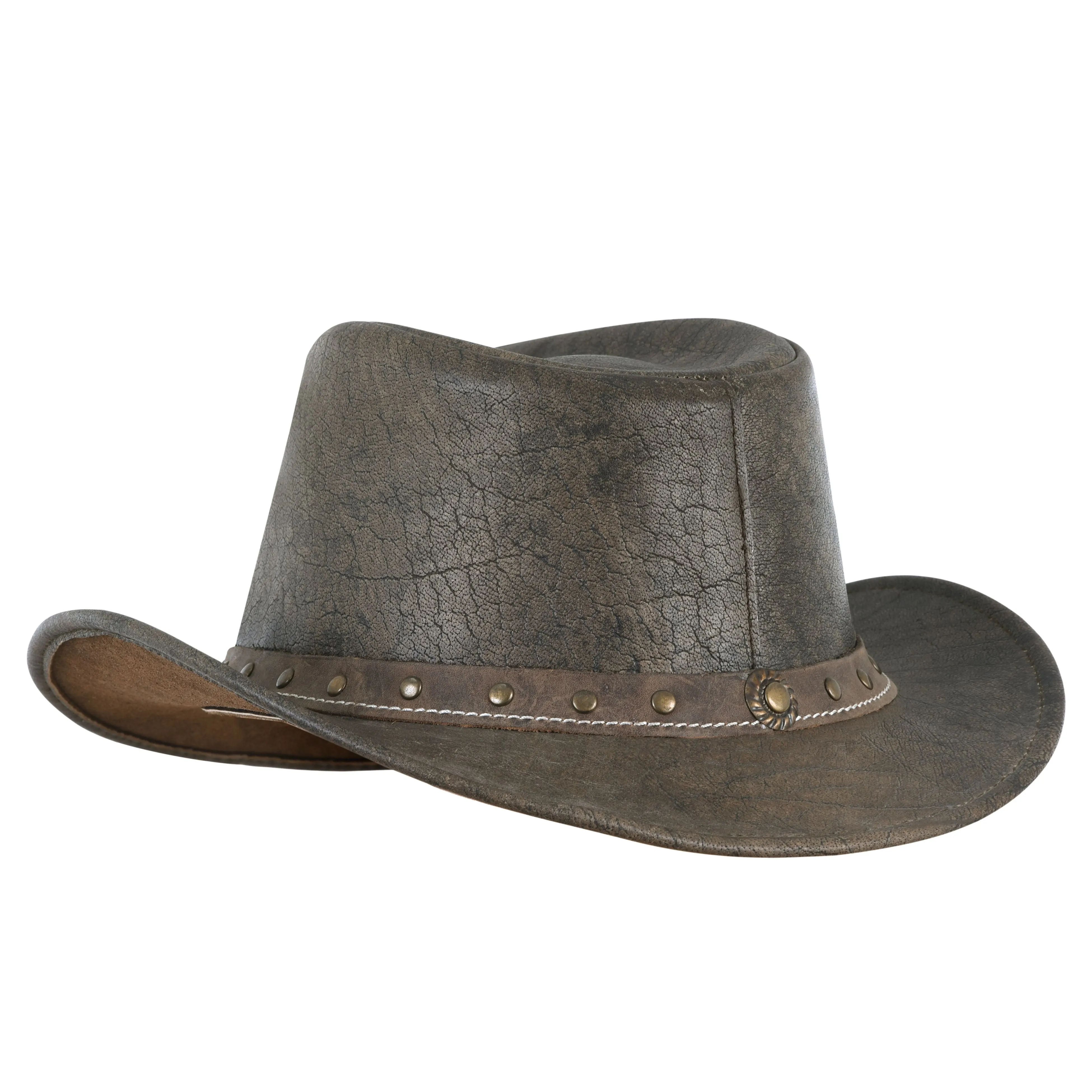 Men's Distressed Black Cowboy Hat in Brown Genuine Leather