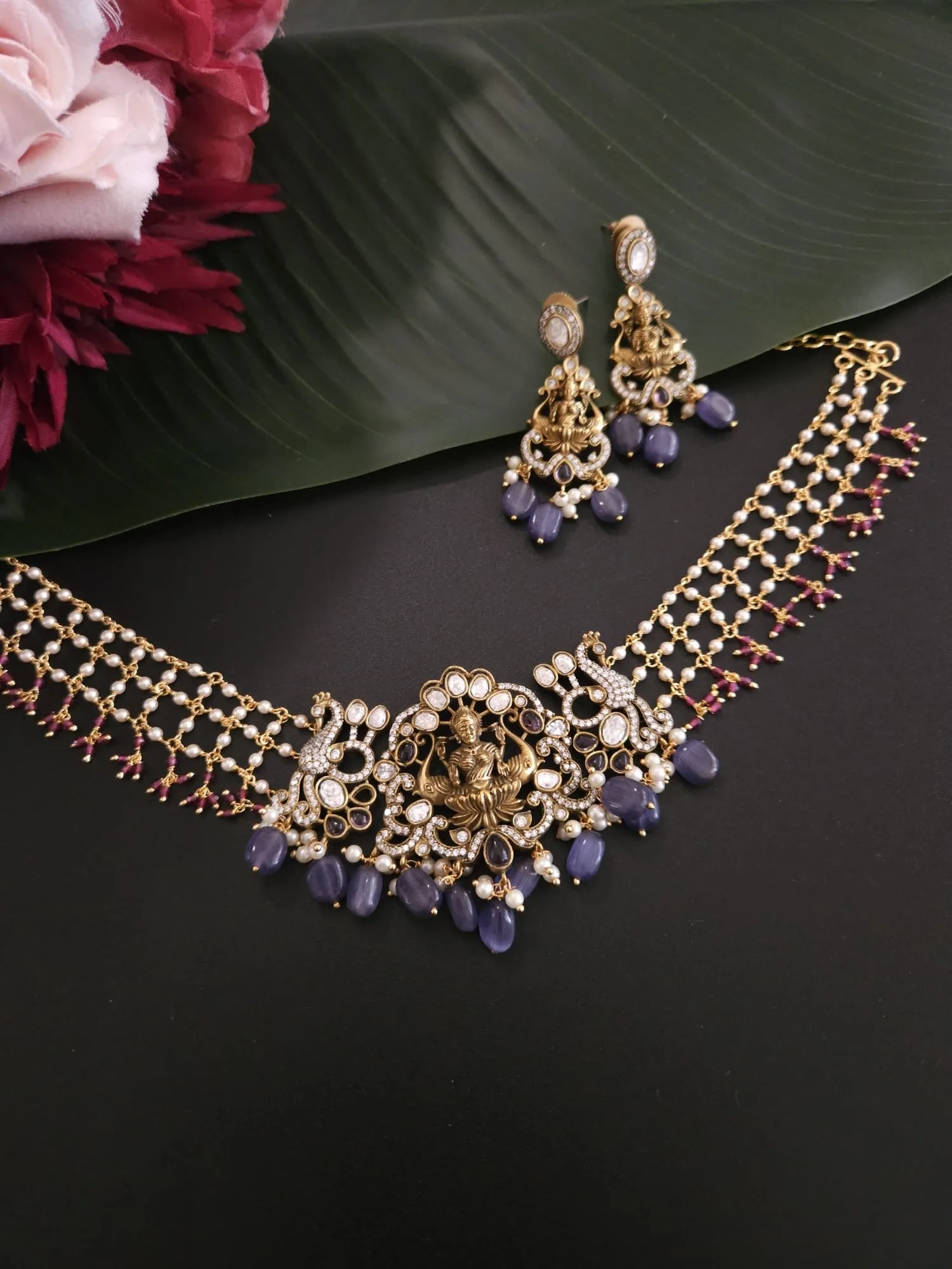 Purple Victorian polki necklace with earrings