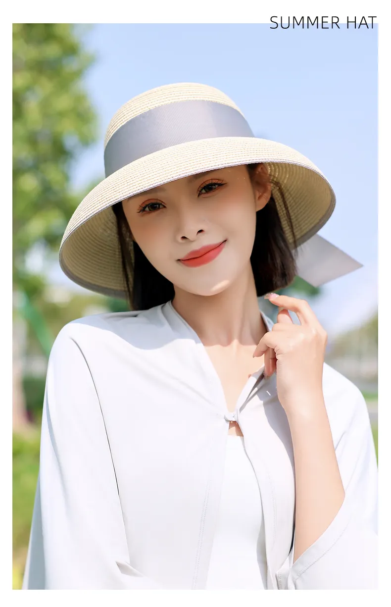 Sidiou Group ANNIOU Summer Women's Elegant Retro Straw Hat Beach Travel Seaside Vacation Sunscreen Breathable Large Brim UV Sun Shade Hat
