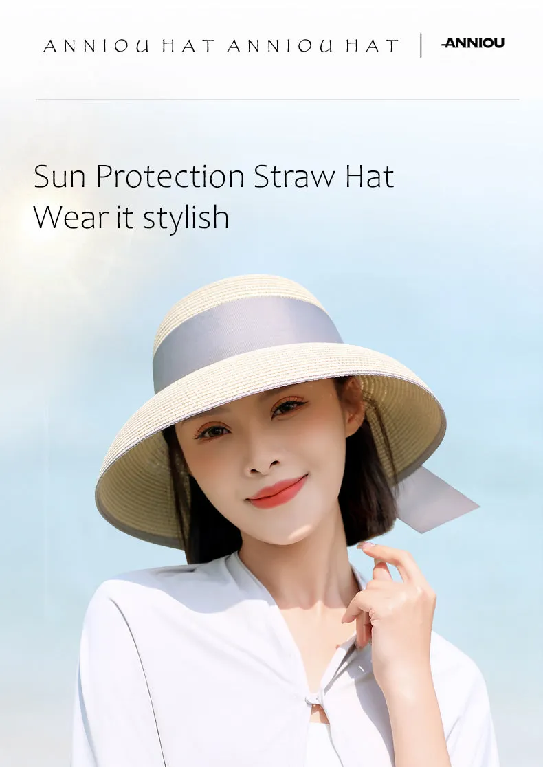Sidiou Group ANNIOU Summer Women's Elegant Retro Straw Hat Beach Travel Seaside Vacation Sunscreen Breathable Large Brim UV Sun Shade Hat