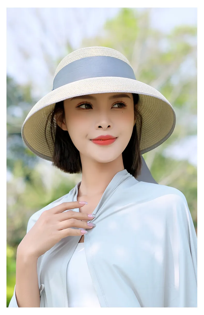 Sidiou Group ANNIOU Summer Women's Elegant Retro Straw Hat Beach Travel Seaside Vacation Sunscreen Breathable Large Brim UV Sun Shade Hat