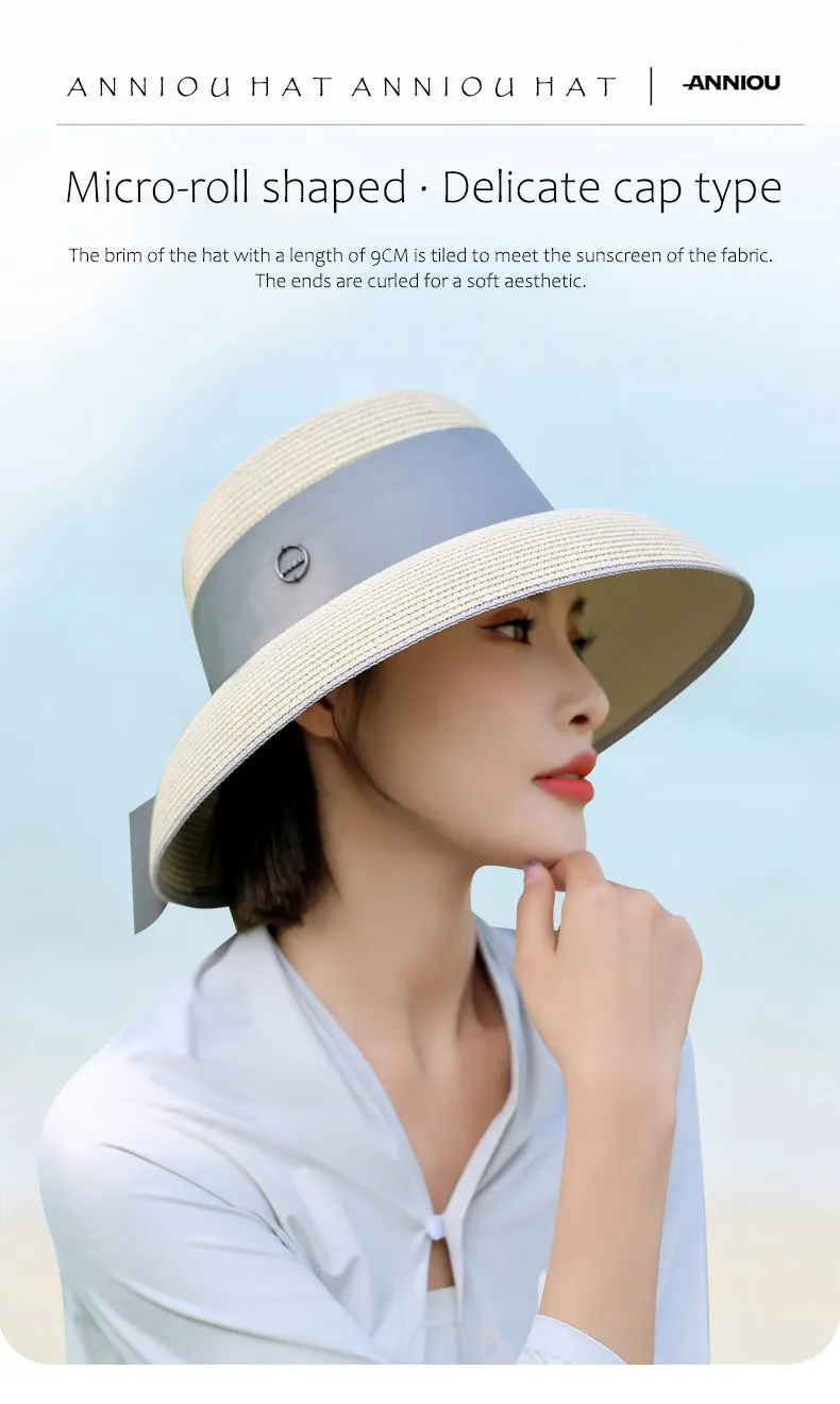 Sidiou Group ANNIOU Summer Women's Elegant Retro Straw Hat Beach Travel Seaside Vacation Sunscreen Breathable Large Brim UV Sun Shade Hat