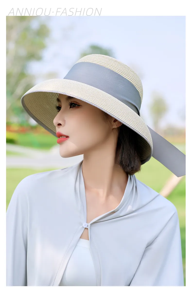Sidiou Group ANNIOU Summer Women's Elegant Retro Straw Hat Beach Travel Seaside Vacation Sunscreen Breathable Large Brim UV Sun Shade Hat