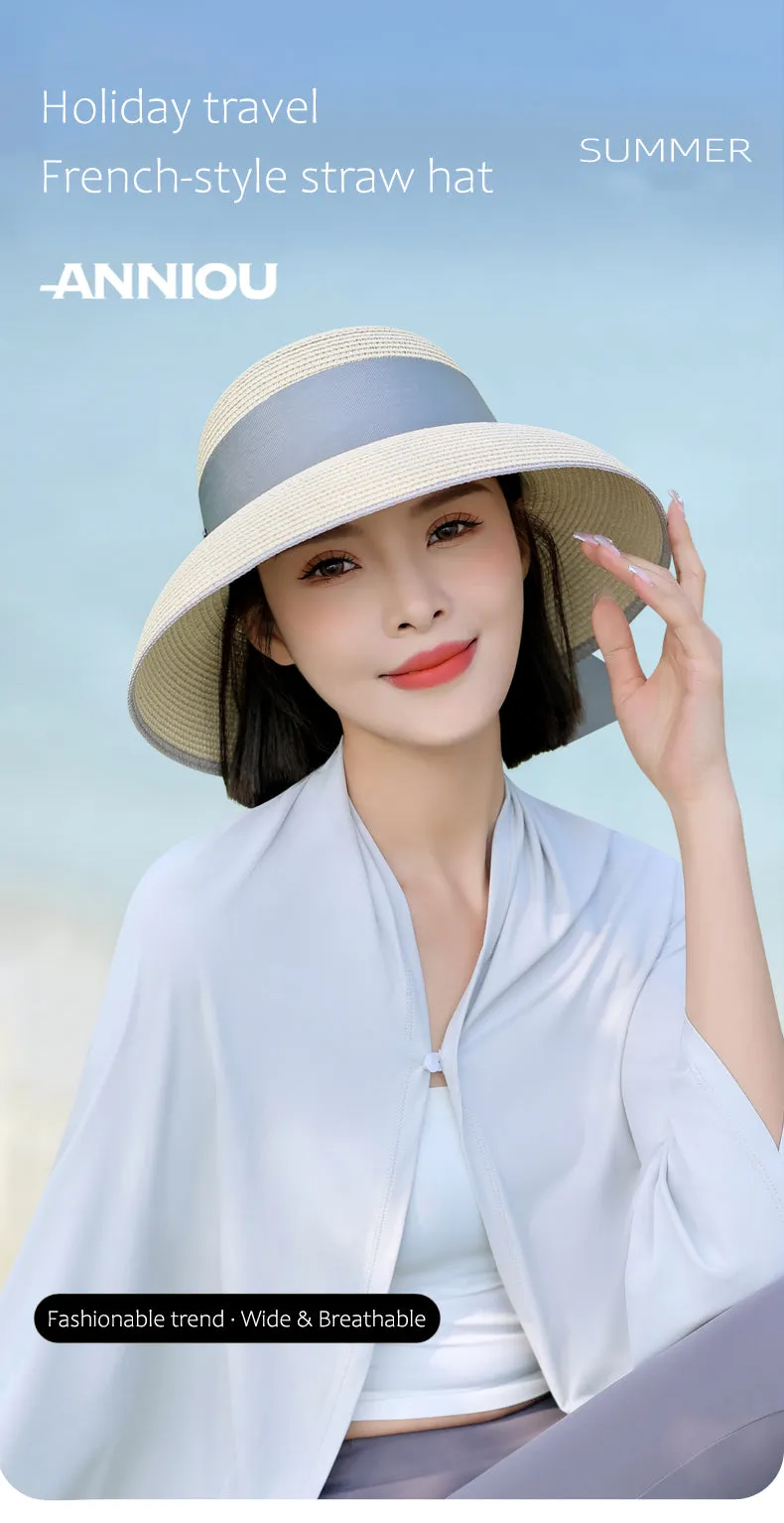 Sidiou Group ANNIOU Summer Women's Elegant Retro Straw Hat Beach Travel Seaside Vacation Sunscreen Breathable Large Brim UV Sun Shade Hat