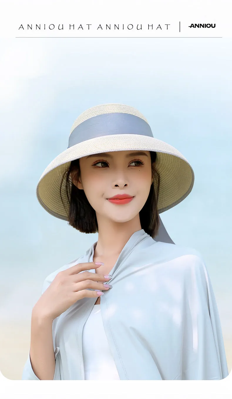 Sidiou Group ANNIOU Summer Women's Elegant Retro Straw Hat Beach Travel Seaside Vacation Sunscreen Breathable Large Brim UV Sun Shade Hat