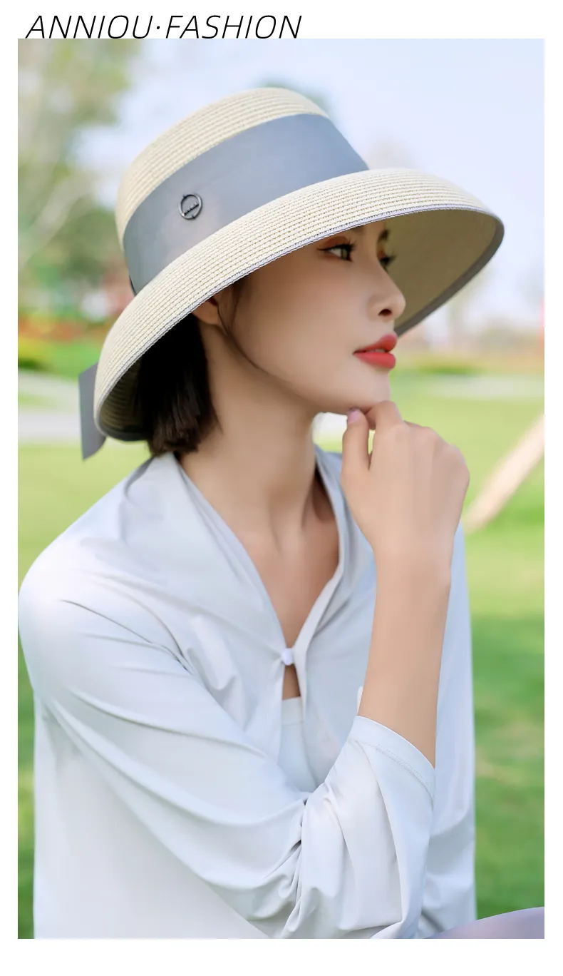 Sidiou Group ANNIOU Summer Women's Elegant Retro Straw Hat Beach Travel Seaside Vacation Sunscreen Breathable Large Brim UV Sun Shade Hat