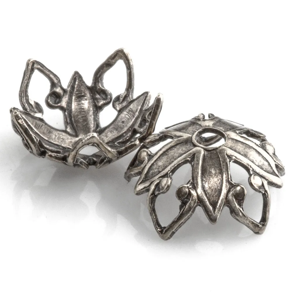 Stamped sterling silver plated brass bead cap in a floral design. 9x4mm. Package of 12. b9-2376s