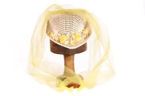 Vintage Boater Style Hat with Yellow Netting and Flowers 54cm