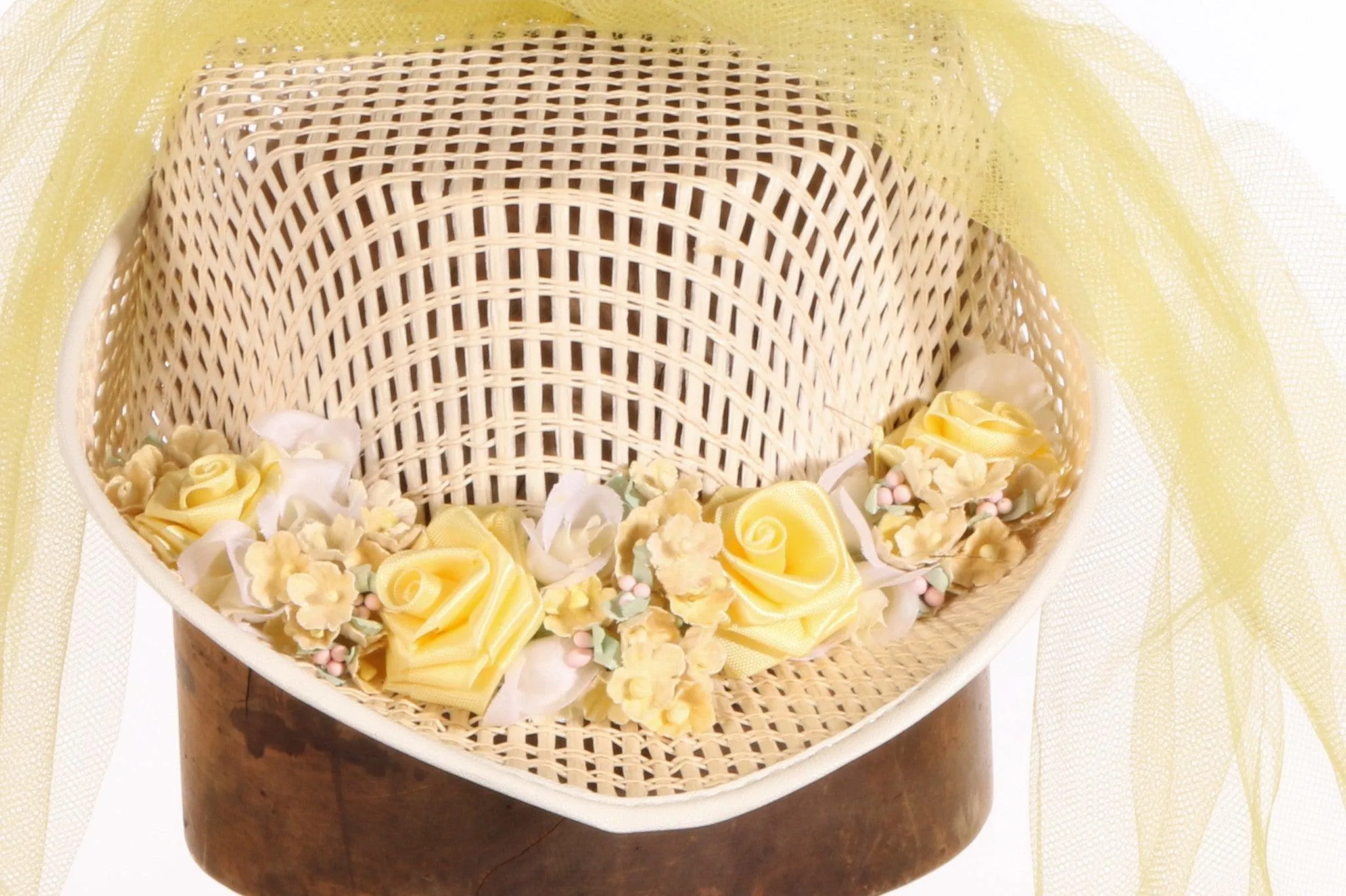 Vintage Boater Style Hat with Yellow Netting and Flowers 54cm