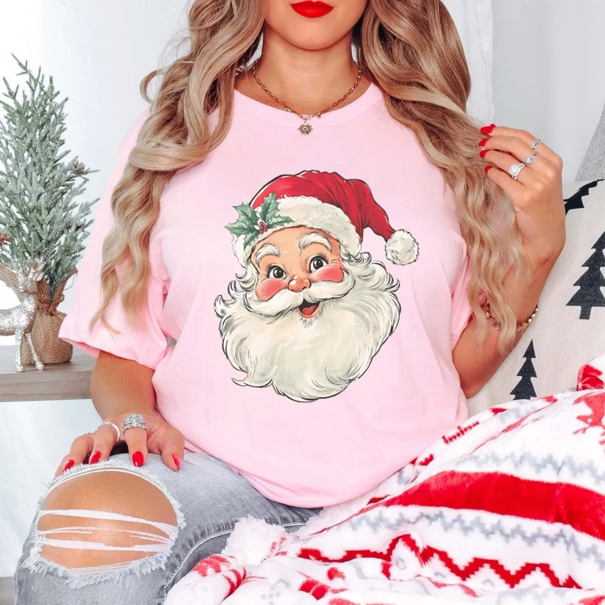 Vintage Santa Red Hat Wholesale Bella Graphic Tee - Fast TAT