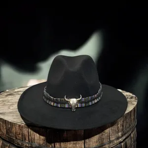 Western Fedora Hat Silver Cow Skull Band
