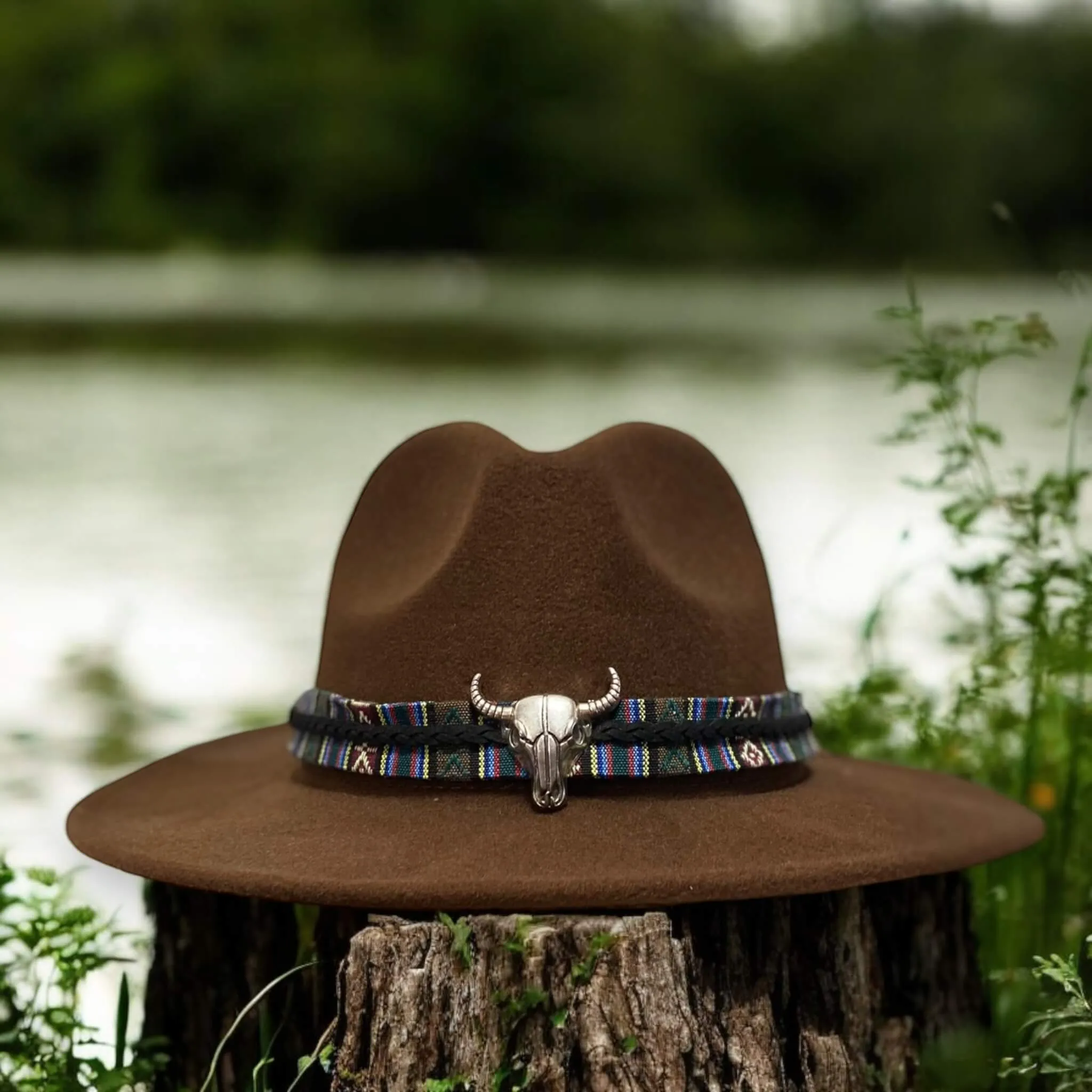 Western Fedora Hat Silver Cow Skull Band
