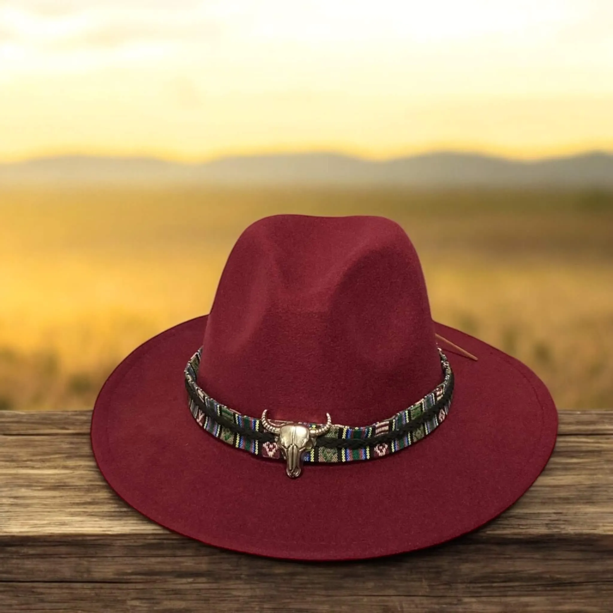 Western Fedora Hat Silver Cow Skull Band