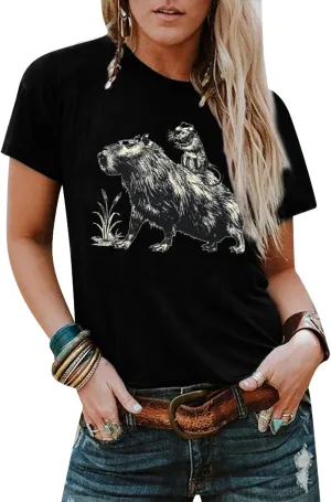 Women's Western Cowboy Shirts Funny Capybara Graphic Tee Casual Short Sleeve Rodeo Outfits Womens Vintage Tops