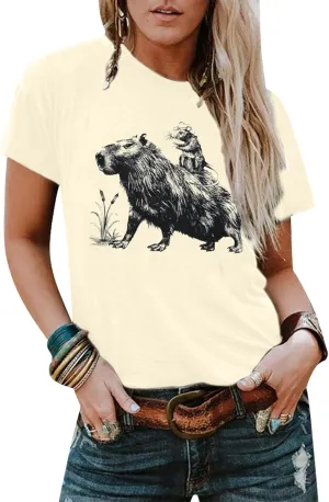 Women's Western Cowboy Shirts Funny Capybara Graphic Tee Casual Short Sleeve Rodeo Outfits Womens Vintage Tops